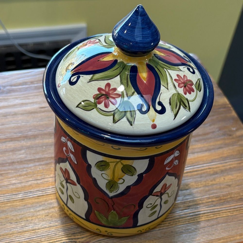 Pier 1 Multicolor Floral Ceramic Canister With Lid
